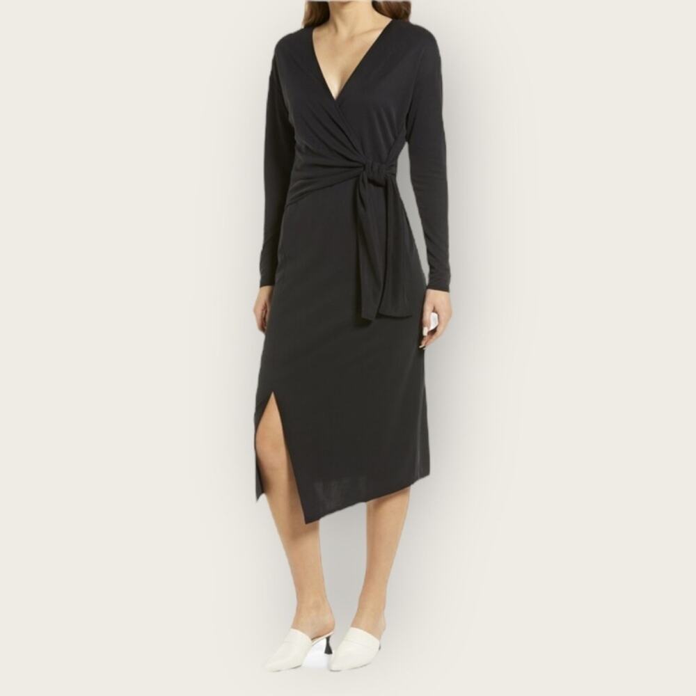 NWT | Halogen | Wrap Front Slit Long Sleeve Midi Dress | Black | Small